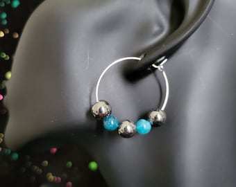 Silver hoop earrings, Hematite and Lapis lazuli beads