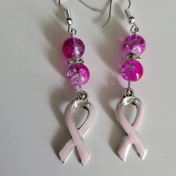 Boucles d'oreilles ruban rose, cancer du sein, perles craquelées rose