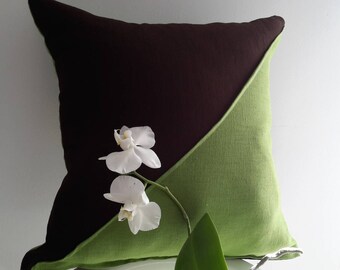 Housse de coussin 40x40 cm Lin bio marron et vert