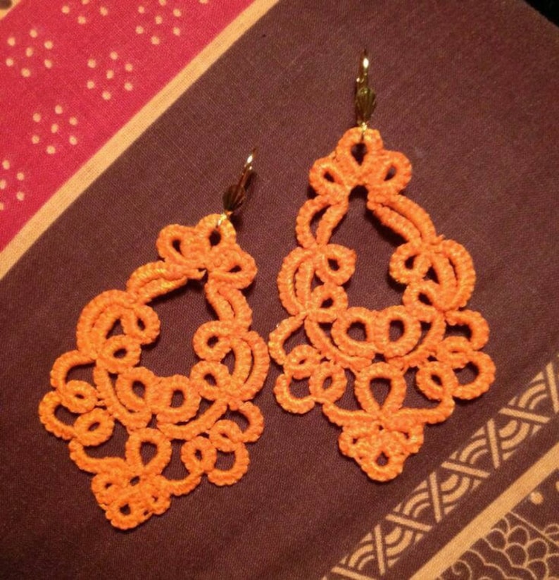 Large earrings lace tatting cotton orange tatted lace jewelry