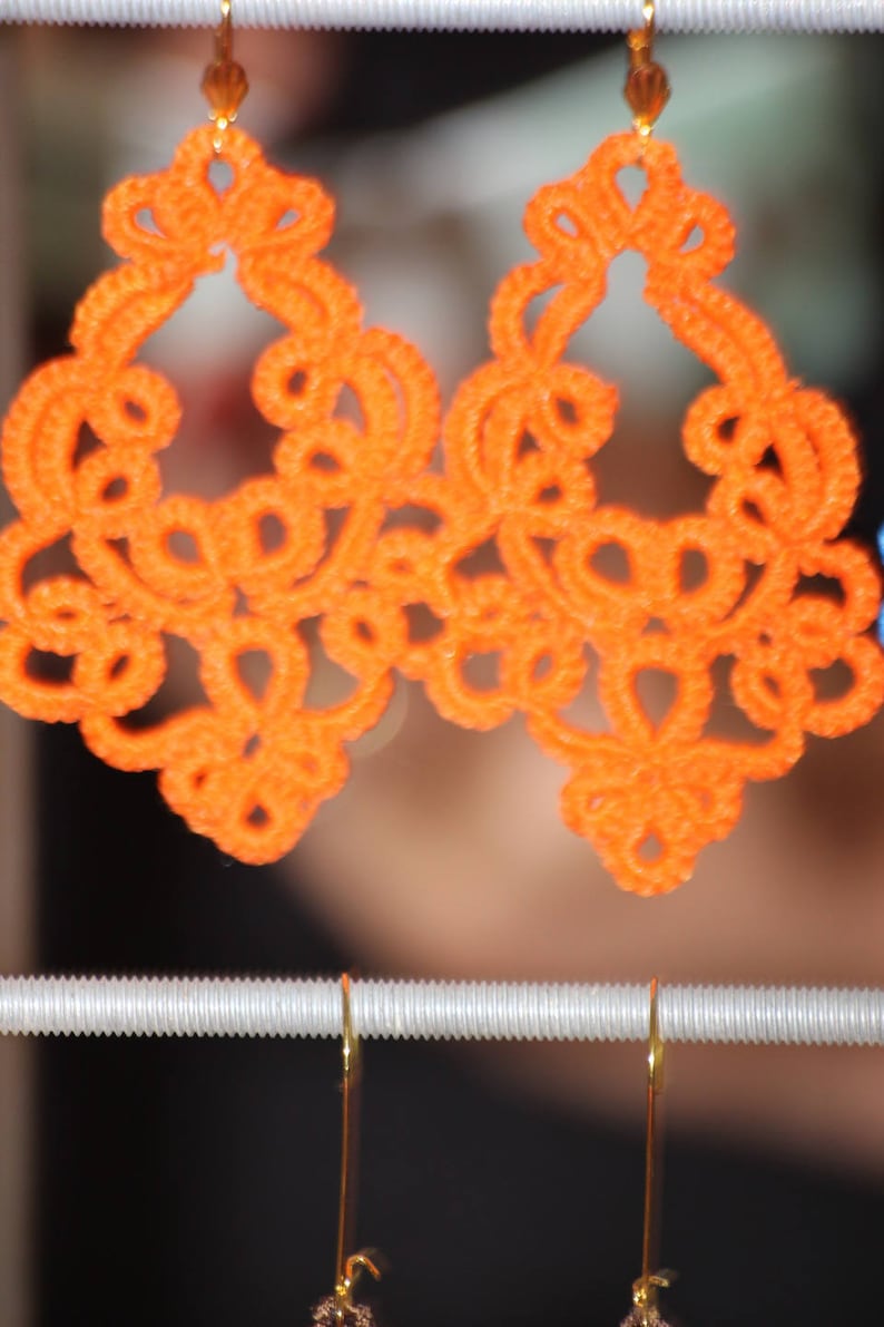 Large earrings lace tatting cotton orange tatted lace jewelry