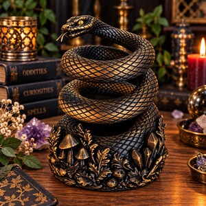May include: A coiled snake sculpture with a black and gold finish, featuring a textured scale pattern and a forked tongue. The base is decorated with sculpted mushrooms, leaves, and crystals, creating a detailed, dark, and ornate decorative object.