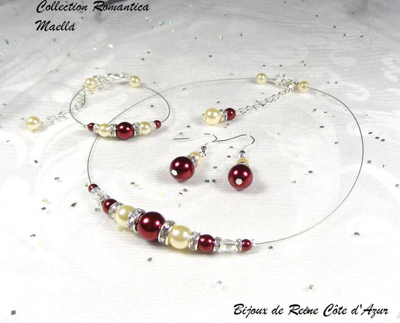 Parure mariage strass Maella parure mariage bordeaux ivoire collier mariage bordeaux ivoire et boucles Collection Romantica image 1