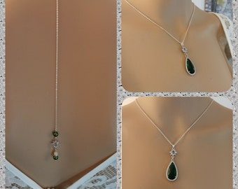 collier de dos mariée, collier mariage vert foncé ,  collier de dos vert émeraude bijou de dos, Dany, collier mariage vert