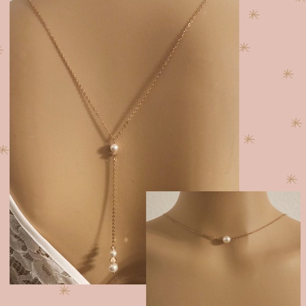 collier de dos mariée, collier mariage blanc rose gold, collier bijou de dos Mayline, collier de dos mariage acier rose gold, chaine de dos