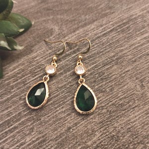 gold zircon wedding earrings, emerald green dangling earrings, women&#39;s gift, bridal earrings women&#39;s gift