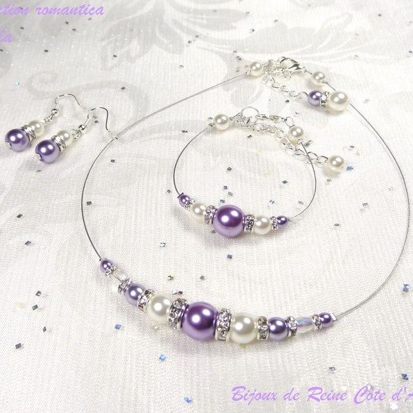 Parure mariage 3 pièces strass  mauve parme/blanc - Collection Classica Maella - mariage mariée idée cadeau femme