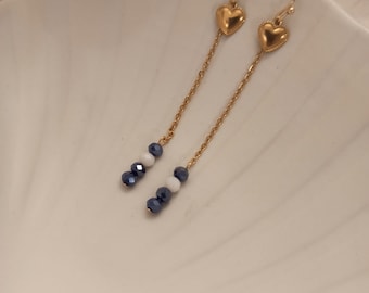 Boucles d'oreilles pendantes acier inoxydable cœur acier or  cadeau de mariée - bijoux de mariage doré cristal boucles  bleu cristal