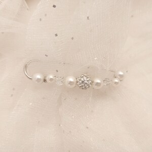 Pearl train attachment - White train attachment and rhinestone ball, wedding dress wedding gift bridal brooch