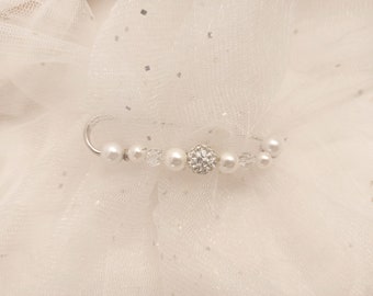 Pearl train attachment - White train attachment and rhinestone ball, wedding dress wedding gift bridal brooch