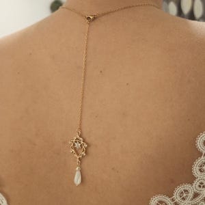 Lauriane gold mother-of-pearl zircon wedding back necklace, removable back jewel necklace, wedding backless necklace, chain wedding necklace, back jewel
