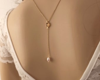 collier de dos mariage chaine acier Emmy collier mariage perle naturelle collier robe décoletté dos cadeau de mariée