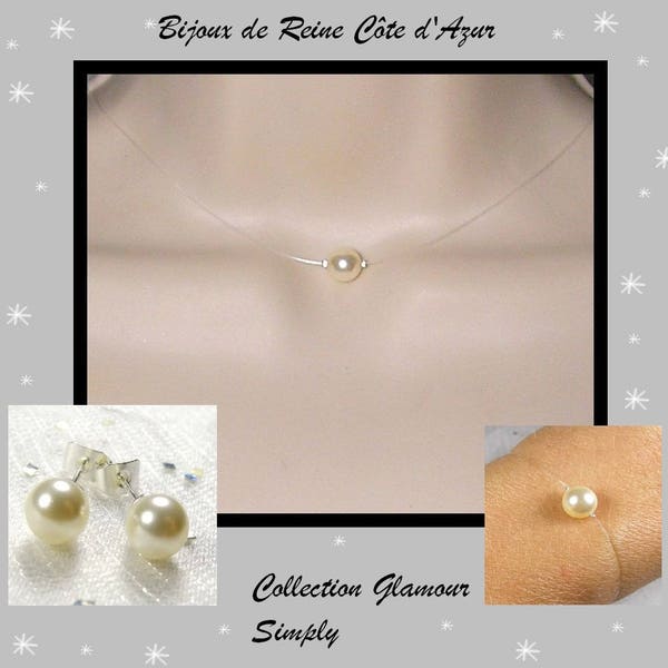 Parure mariage Swarovski 3 pièces , collier fil nylon 1 perle - Collection Glamour - collier Swarovski ivoire  - Collier Simply