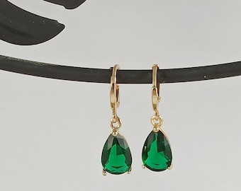 Emerald glass drop wedding earrings, mini emerald green drop hoop earrings, women&#39;s gift, minimalist earrings, mini gold hoop earrings