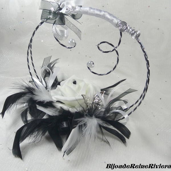 Porte alliances mariage fleurs plumes - porte alliances  blanc noir  - Porte alliances aluminium fleurs et plumes  porte alliance noir blanc