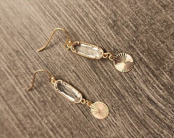 Boucles d'oreilles pendantes médaillon or cadeau de mariée bijoux de mariage doré cristal