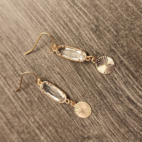 Boucles d'oreilles pendantes médaillon or cadeau de mariée bijoux de mariage doré cristal