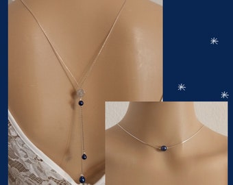 blue bridal back necklace, wedding necklace and back jewel, back jewel necklace, Madie, pearl necklace, blue bridal necklace and earrings