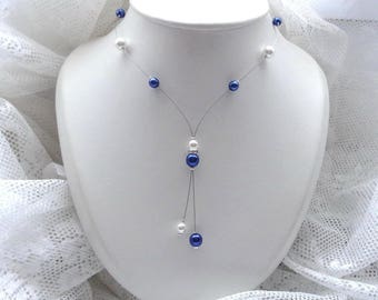 Collier mariage perles blanc bleu roy foncé- Collection Romantica - Cathia - MARIAGE bijoux mariage, bridal, mariée, collier de mariée