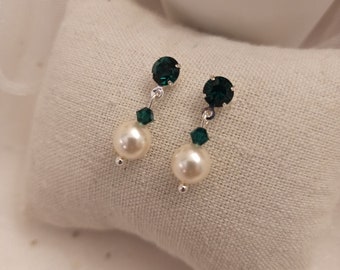 Boucles d'oreilles pendantes mariage perle vert émeraude - puces cristal cadeau femme - bijoux de mariée, boucles perles