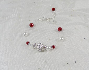 Bracelet mariage perles strass blancrouge - Collection Romantica - Cathiana - MARIAGE - bracelet mariage rouge blanc, bracelet mariée perles