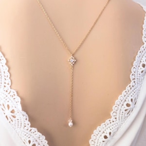 Zircon pearl wedding back necklace, Ninon stainless steel back necklace, pearl bridal backless necklace, white rhinestone back necklace