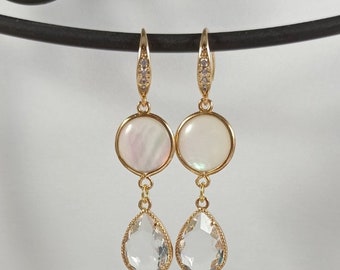 Zircon and gold wedding earrings, crystal bridal earrings, mother-of-pearl shell earrings, wedding jewelry