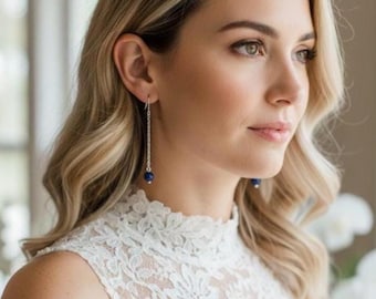 Pendientes colgantes de acero con jaspe azul - regalo de novia - Pendientes Lana, joyas de boda, pendientes largos de acero azul