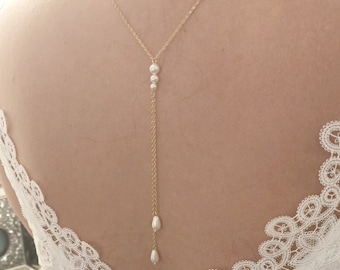 bridal back necklace, white gold wedding necklace, pearl steel chain back necklace, pearl back necklace, Amélia gold back necklace
