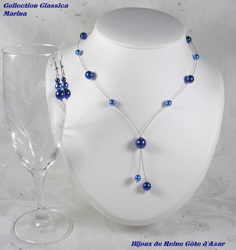 Parure mariage 3 pièces perles, parure mariage bleu roy foncé et bleu Collection Classica Collier Marina image 4