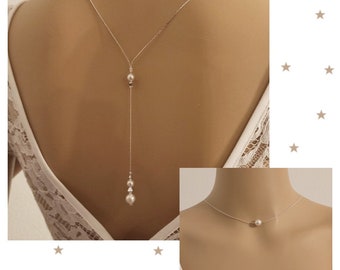bridal back necklace, white silver or gold wedding necklace, back jewel necklace, Mayline model, bridal necklace, chain necklace