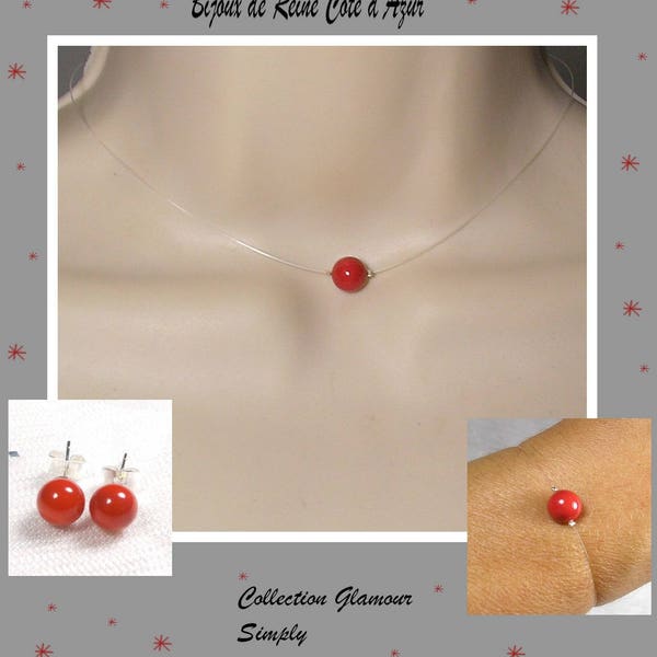 Parure mariage Swarovski rouge corail, parure fil nylon, collier fil nylon 1 perle - Collection Glamour Simply  - collier Swarovski rouge  -