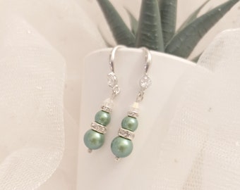 Green rhinestone pearl wedding earrings - Pearl earrings - WEDDING bridal jewelry - green dangling earrings