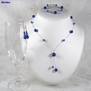 Wedding set 3 pieces pearls, dark royal blue and blue wedding set Collection Classica Marina necklace image 1