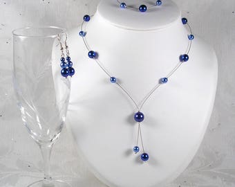 Set de boda 3 piezas perlas, azul real oscuro y conjunto de bodas azul - Colección Classica -Collar Marina