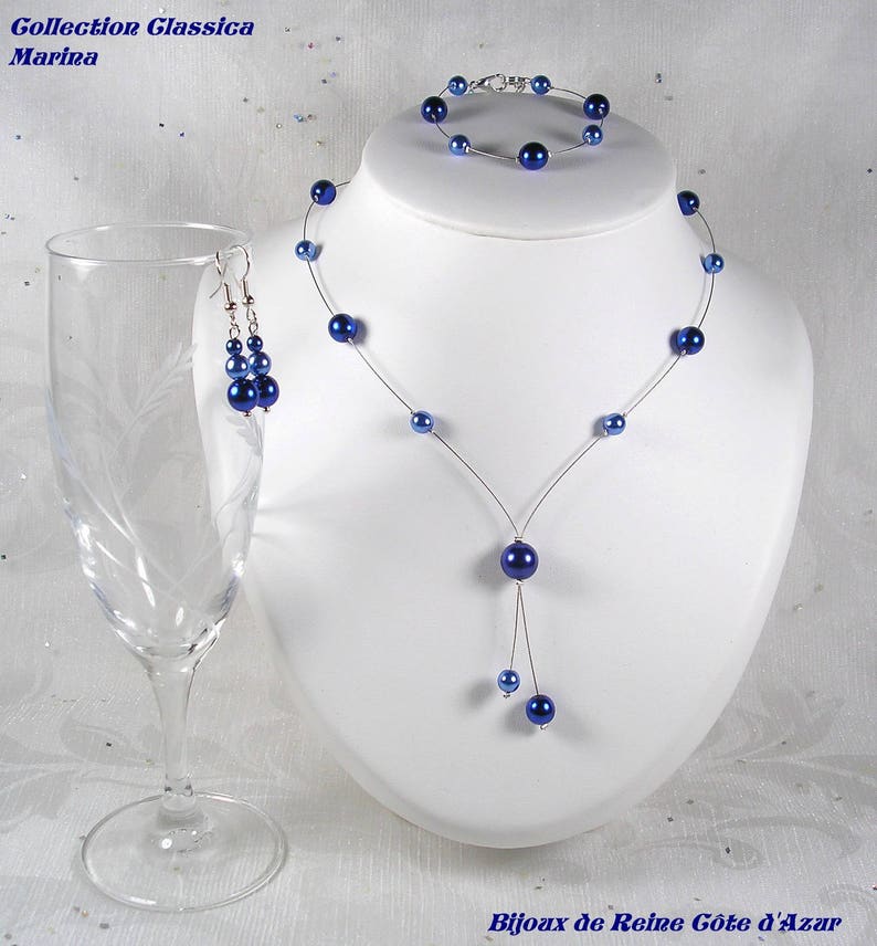 Wedding set 3 pieces pearls, dark royal blue and blue wedding set Collection Classica Marina necklace image 1