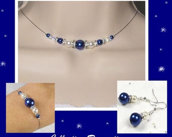 Wedding adornment rhinestone bleur roy dark and white, wedding necklace pearls blue white - Collection Romantica Maella - wedding set
