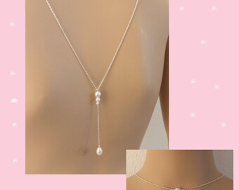 bridal drop back necklace, white silver wedding necklace, 3 pearl back necklace, steel chain, white pearls, Eglantine backless necklace