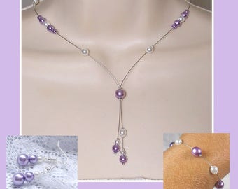 Wedding set 3 pieces white purple beads - Classica Collection -Cristelina necklace- WEDDING EVENING - white bridal necklace
