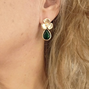 Emerald Green Hanging Earrings & Gold Flower Wedding Gift Bridal Jewelry