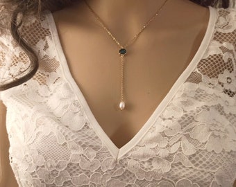 collier chaine acier en Y Nancy collier mariage perle naturelle Lariat collier femme acier  cadeau mariage collier femme acier et perles