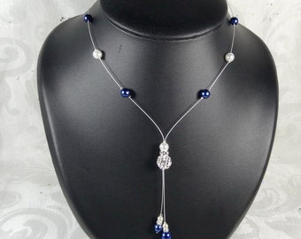 Collier mariage perles strass blanc  bleu foncé- Collection Romantica - Cathiana - MARIAGE - collier perles blanc, collier mariée perles