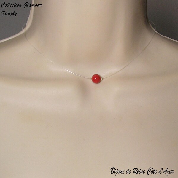 collier mariage Swarovski corail rouge, collier fil nylon 1 perle - Collection Glamour - collier Swarovski rouge corail bijoux mariage