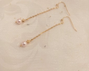 Stainless steel and pearl dangling earrings - bridal gift - golden wedding jewelry crystal long pink earrings