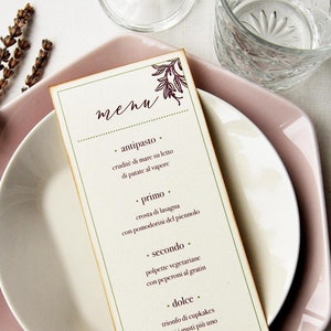 Menu per matrimonio fatto a mano in carta riciclata, menu di nozze ecosostenibile in stile botanico, melograno