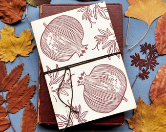 Handmade journal with recycled paper, handprinted journal with pomegranate, librarian gift, sustainable journal, gift for her