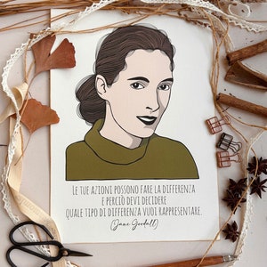 Poster Jane Goodall in carta riciclata, poster artigianale Jane Goodall per amanti della Natura, regalo per scienziate