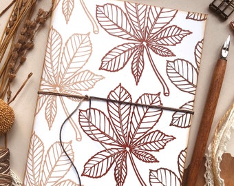 Handmade journal with chestnut leaves, handmade ecofriendly journal, handprinted journal with recycled paper, gift for her