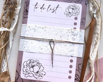 Handmade block notes with plantable paper, handmade to do list with recycled paper, sustainable bloc notes, gift for her, peonies
