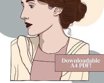 Virginia Woolf A4 printable poster with original illustration, gift for book lovers, gift for her